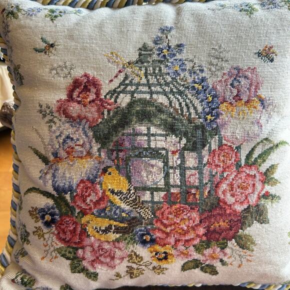 Katha Diddle Wool Petit Point Pillow Yellow Birds Flowers 16x16” Needlepoint - Picture 2 of 8